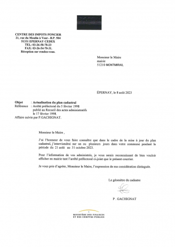 Actualisation du plan cadastral+Arrêté préfectoral 