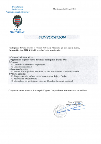 Convocation Conseil Municipal du 04 juin 2024