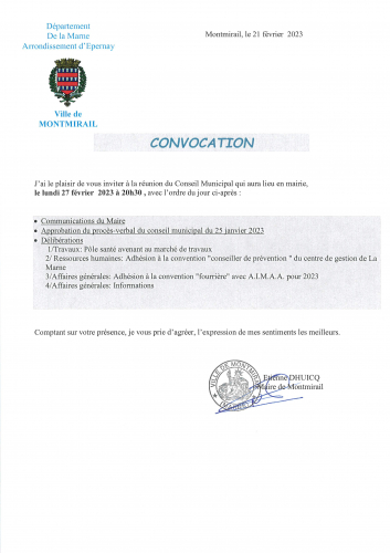 convocation Conseil Municipal 27 février 2023