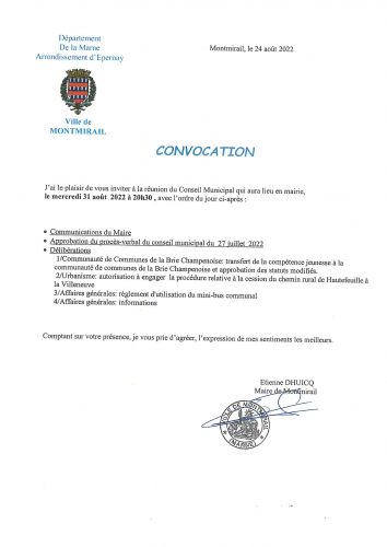 Convocation CM le mercredi 31 août 2022 à 20h30