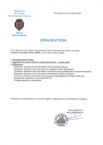 convocation Conseil Municipal 14 novembre 2022