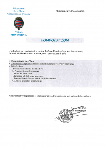 convocation Conseil Municipal 12 décembre 2022