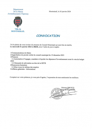 Convocation conseil municipal 31 janvier 2024