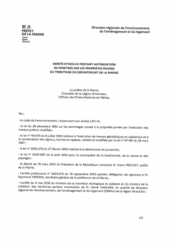 Arrêté portant autorisation de pénétrer sur les propriétés privées 