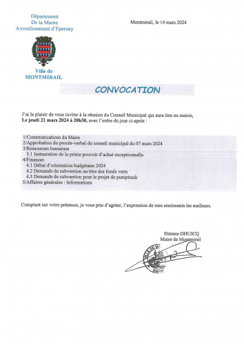 Convocation Conseil Municipal du 21 mars 2024