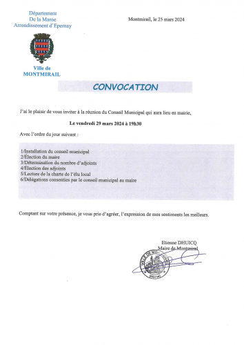 Convocation conseil municipal 29 mars 2024