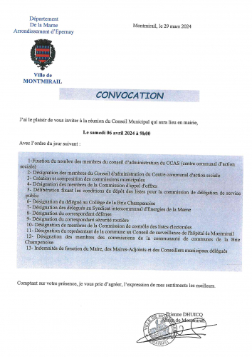 Convocation conseil municipal 06 avril 2024