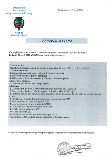 Convocation conseil municipal 29 avril 2024