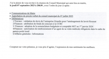 Convocation Conseil Municipal du 07 septembre 2023
