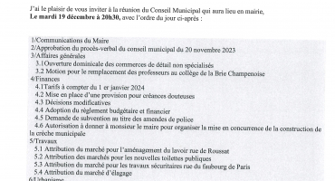 Convocation Conseil Municipal du 19 décembre 2023