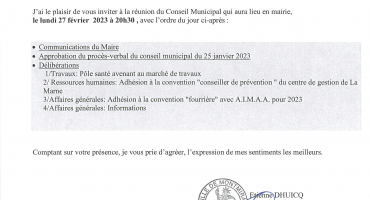 convocation Conseil Municipal 27 février 2023