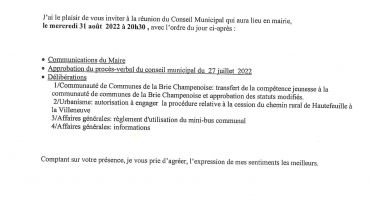 Convocation CM le mercredi 31 août 2022 à 20h30