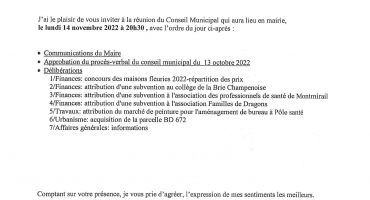 convocation Conseil Municipal 14 novembre 2022