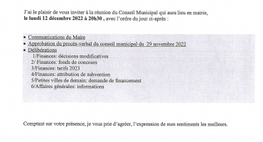 convocation Conseil Municipal 12 décembre 2022
