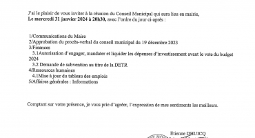 Convocation conseil municipal 31 janvier 2024