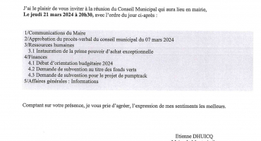 Convocation Conseil Municipal du 21 mars 2024